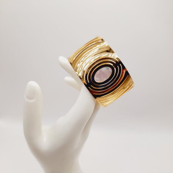 Gold Tone Open Work Cuff Bracelet w/ Mother of Pearl Center - Picture 3 of 7